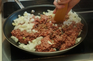 browning meat and onions for the dip