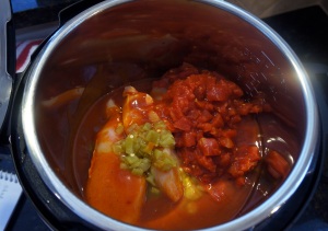 Chicken, chilies, tomatoes and enchilada sauce all in a pot